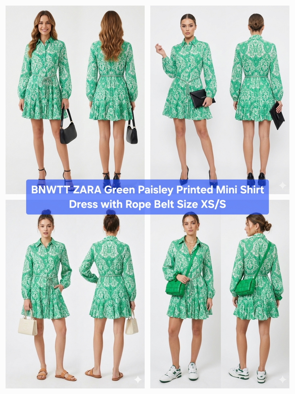 BNWTT ZARA Green Paisley Printed Mini Shirt Dress with Rope Belt Size XS/S